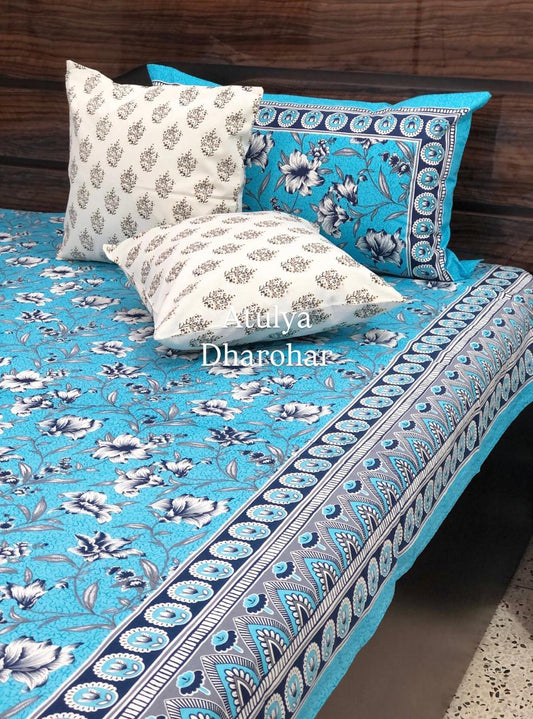 Blue Floral Jaal Cotton King Size Bedsheet