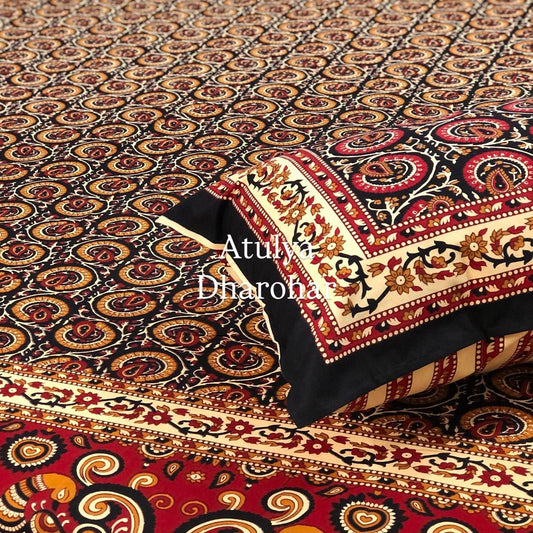 Black Kalamkari Cotton Super King Bedsheet
