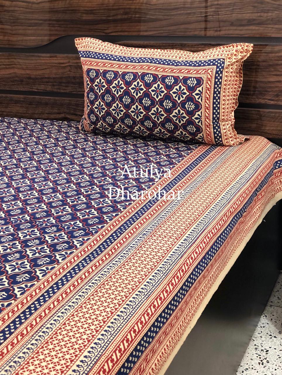 Indigo Kalamkari Bedsheet