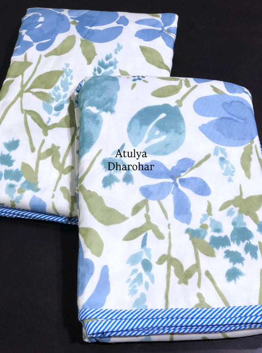 Blue and Green Floral Mulmul Single Bed Dohar Pair