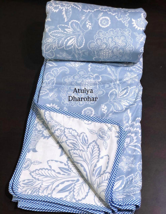 Blue Floral Jaal Mulmul Double Bed Dohar