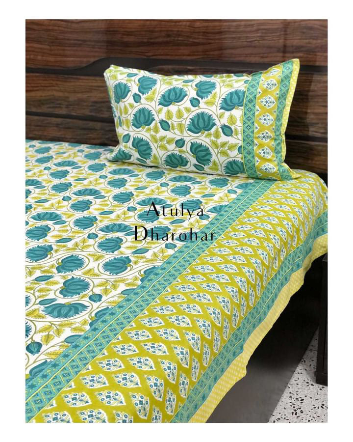 Blue and Green Lotus Motifs Bedsheet