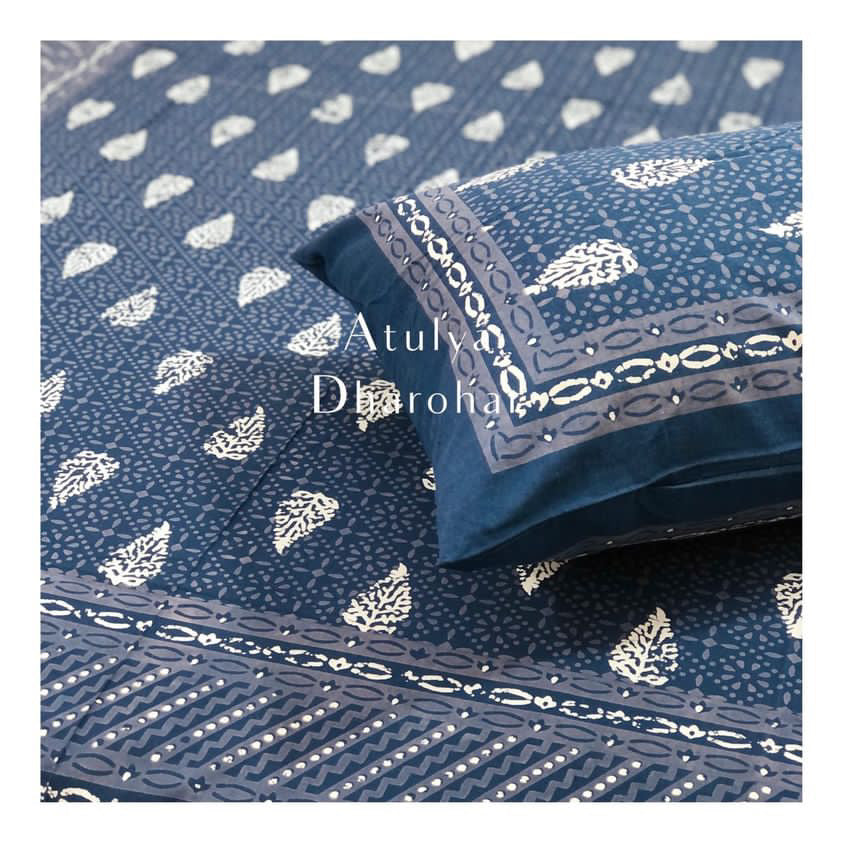Navy Blue Floral Motifs Bedsheet