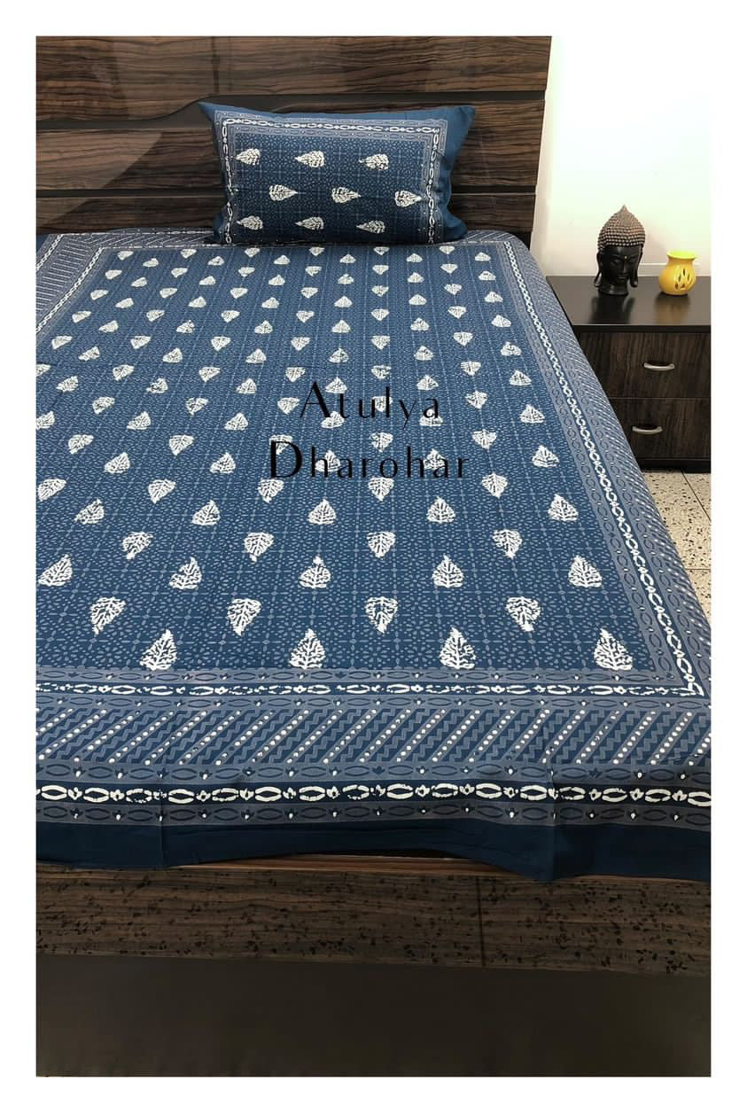 Navy Blue Floral Motifs Bedsheet