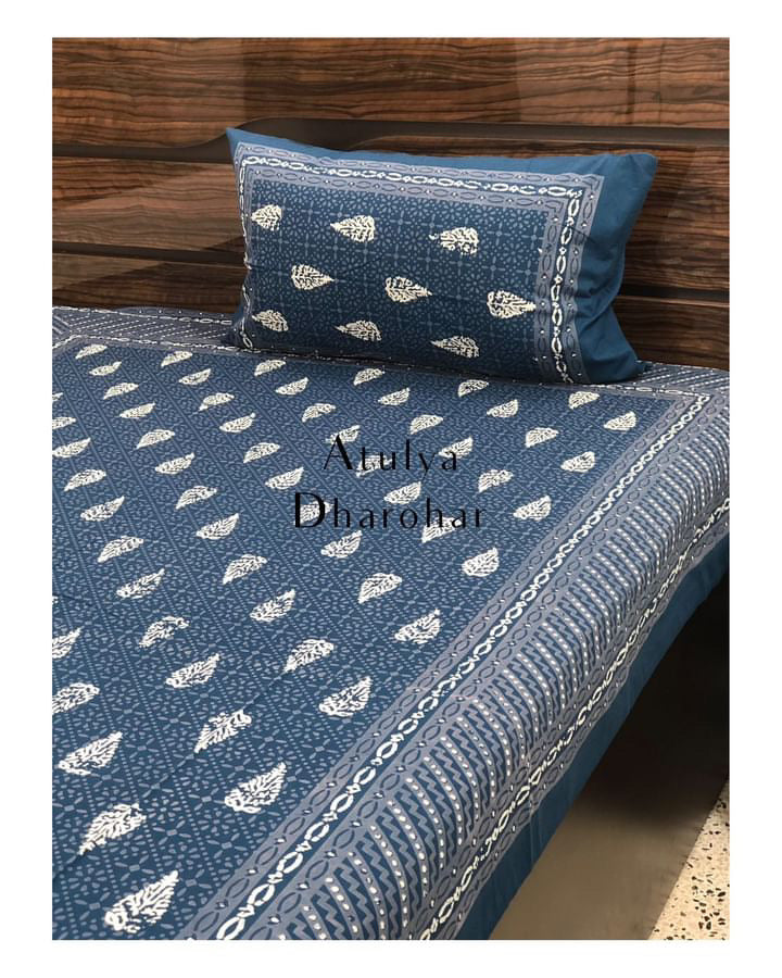 Navy Blue Floral Motifs Bedsheet