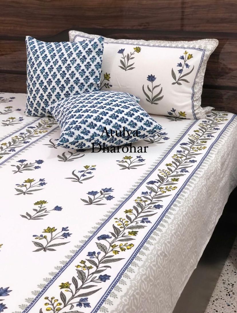 Blue Floral Motifs Cushion Cover Pair