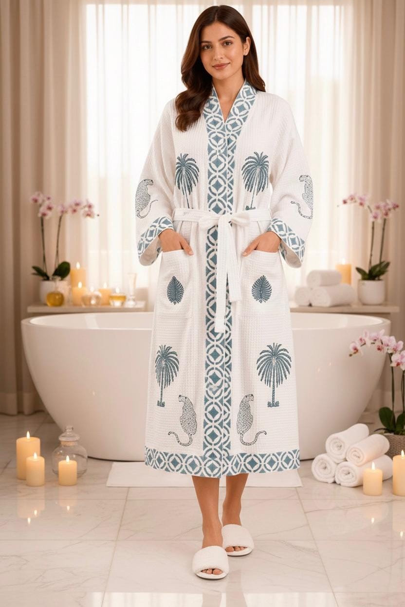 Greyish Blue Hand Block Waffle Cotton Bathrobe