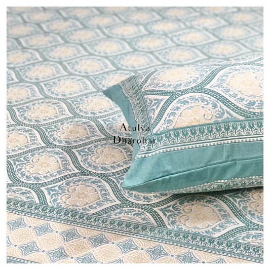 Turquoise Mughal Jaal Cotton King Size Bedsheet