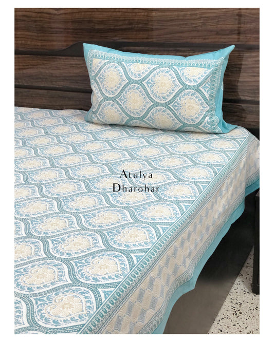 Turquoise Mughal Jaal Cotton King Size Bedsheet