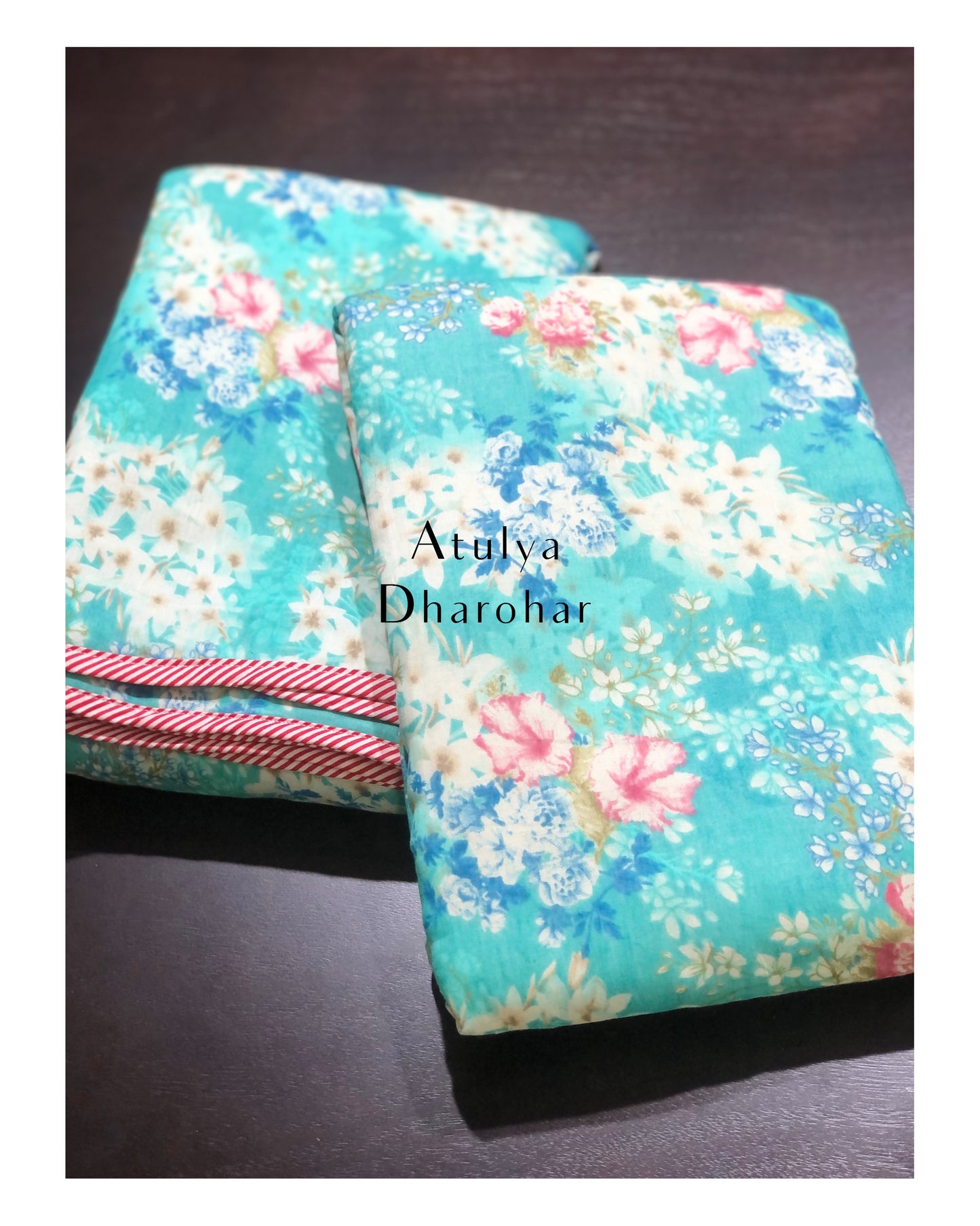 Turquoise Blue Floral Mulmul Single Dohar Pair