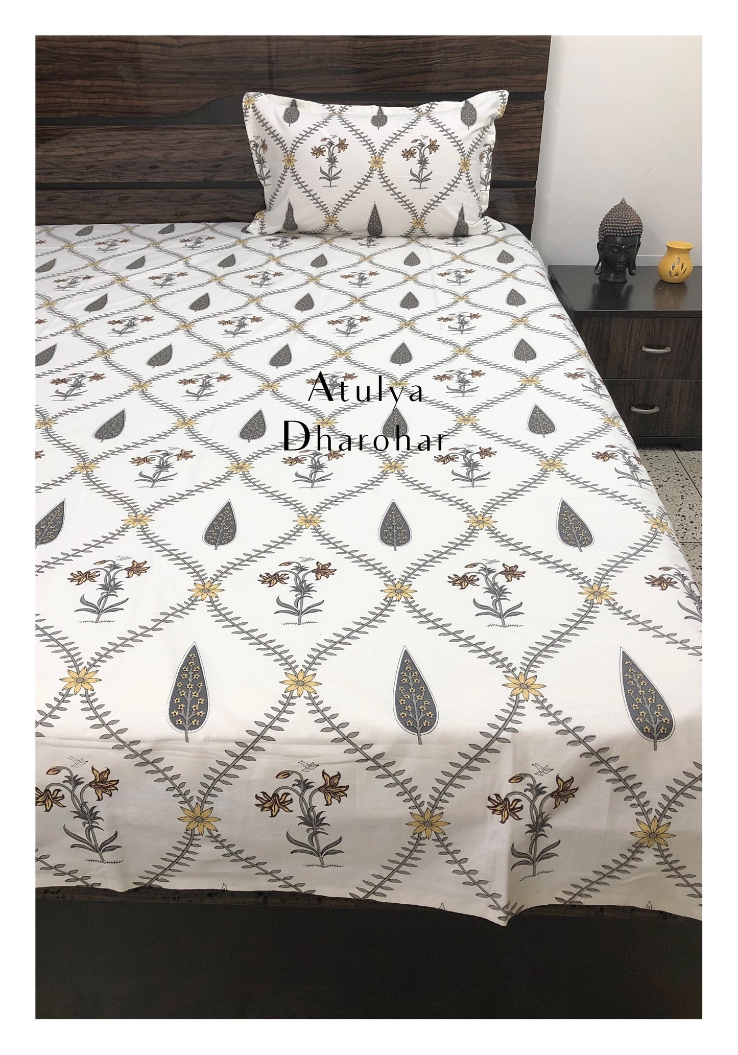 Yellow and Grey Mughal Jaal Super King Bedsheet