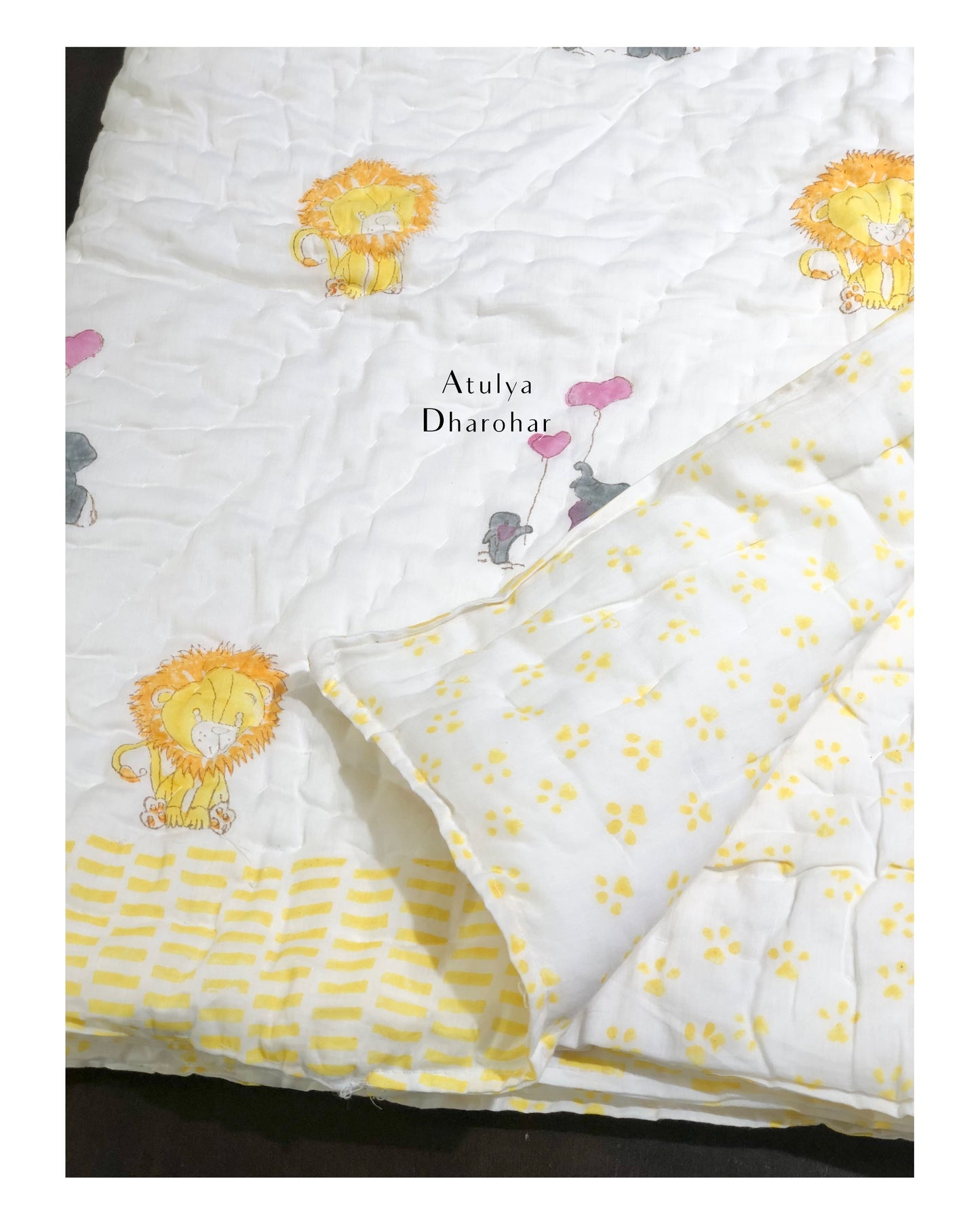 Lion & Playing Elephants Mulmul Baby Quilt