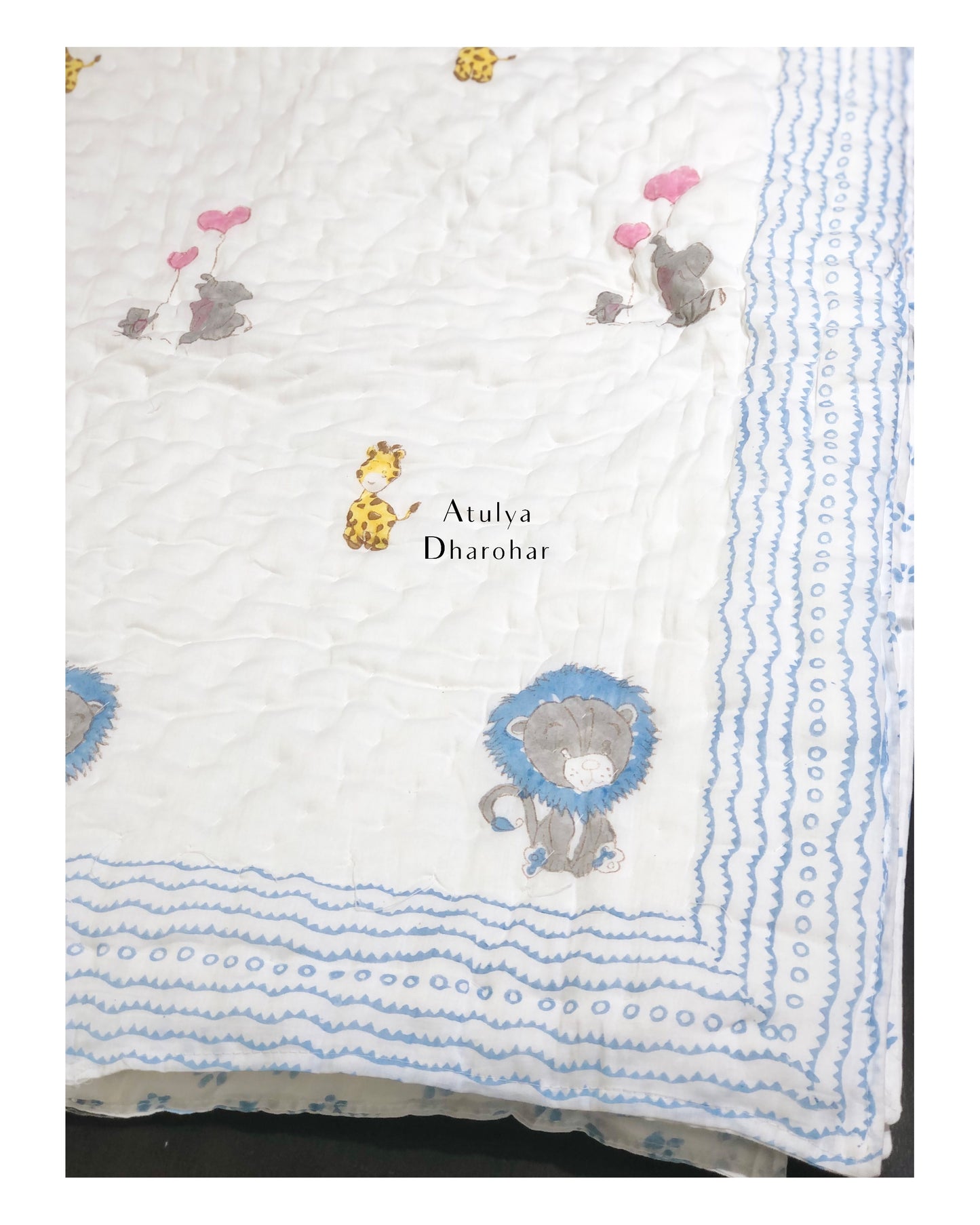 Lion, Giraffe & Playing Elephants Mulmul Baby Quilt