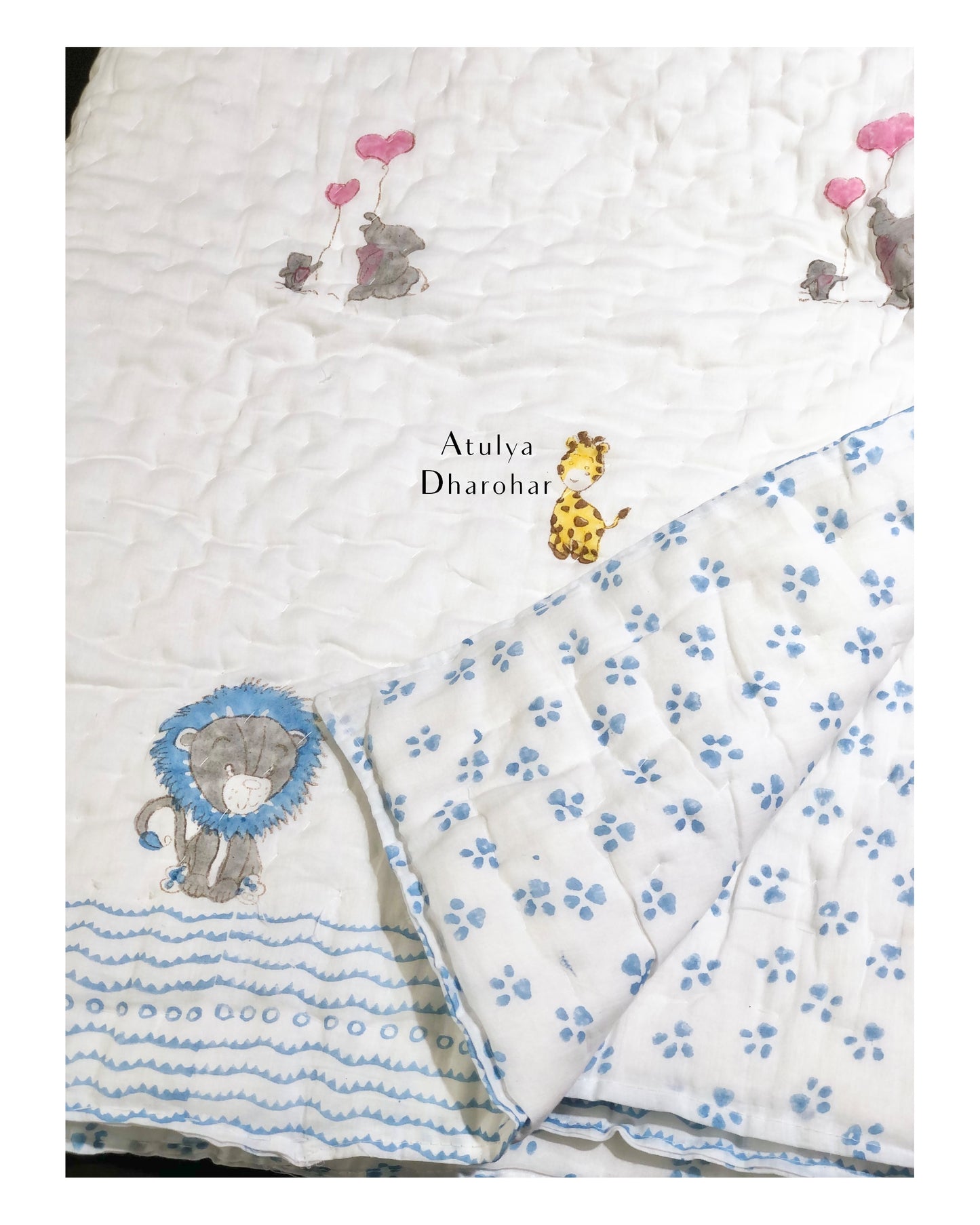 Lion, Giraffe & Playing Elephants Mulmul Baby Quilt