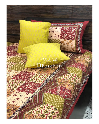 Red and Green Patchwork Look Bedsheet