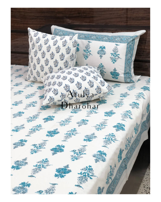 Blue Floral Motifs Cotton Bedsheet