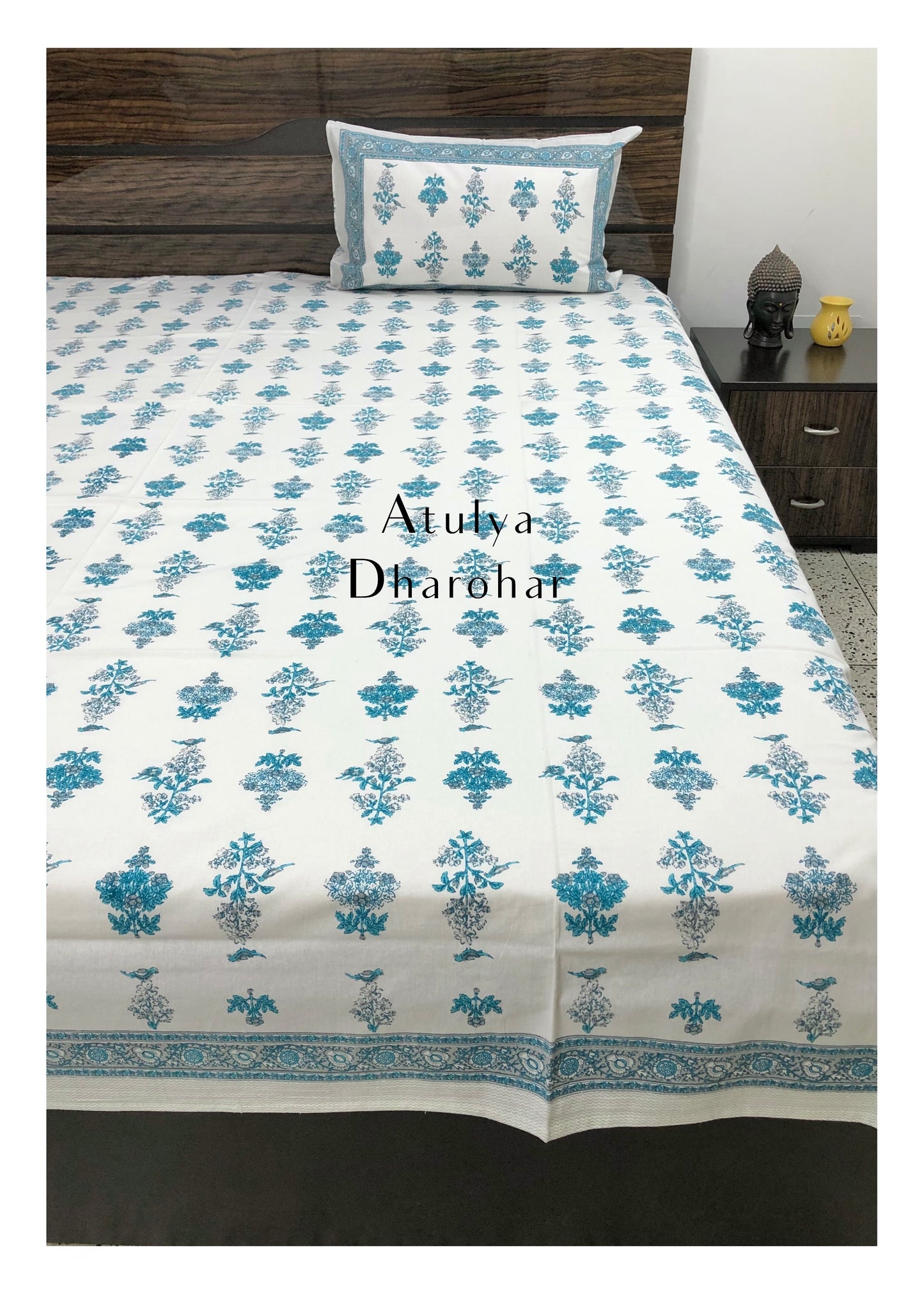 Blue Floral Motifs Cotton Bedsheet