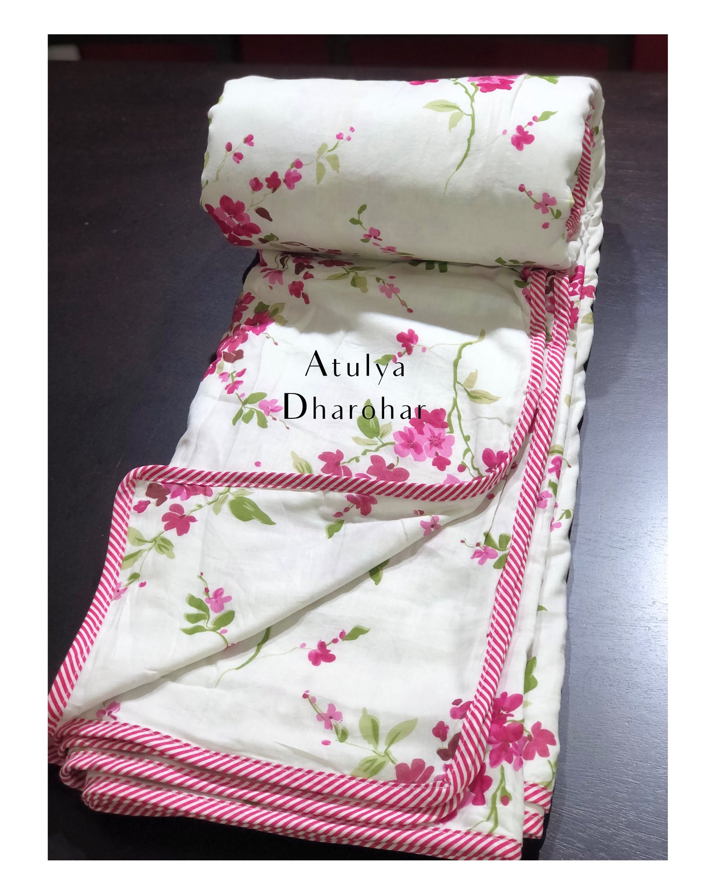 Pink Floral Jaal Mulmul Double Bed Dohar