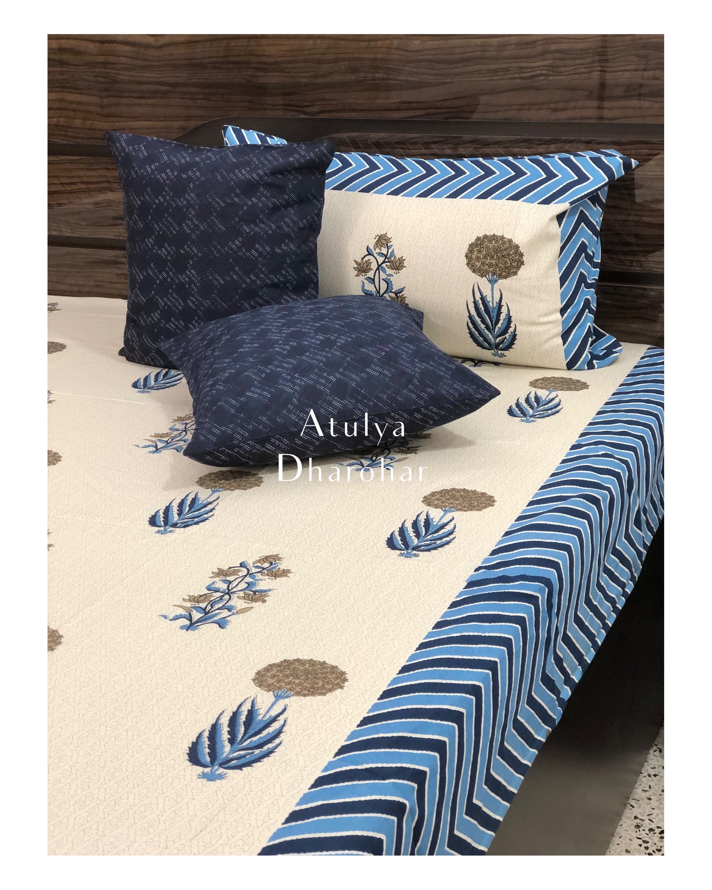 Blue and Brown Floral Motifs King Bedsheet