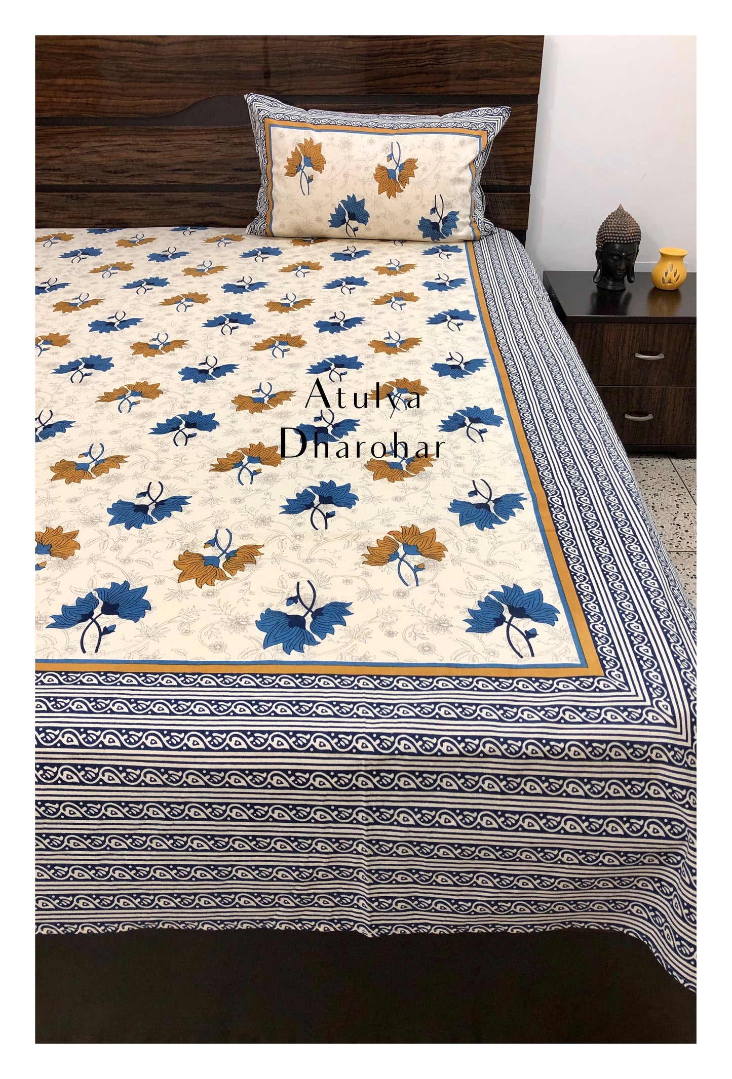 Blue and Brown Lotus Motifs King Bedsheet