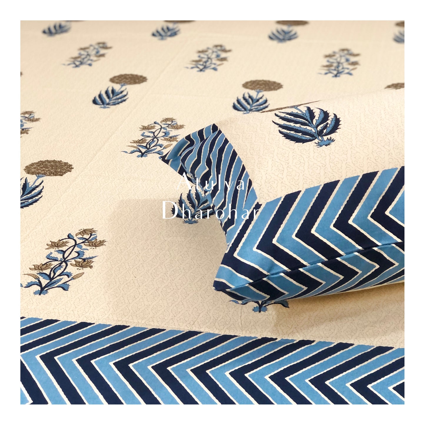 Blue and Brown Floral Motifs King Bedsheet