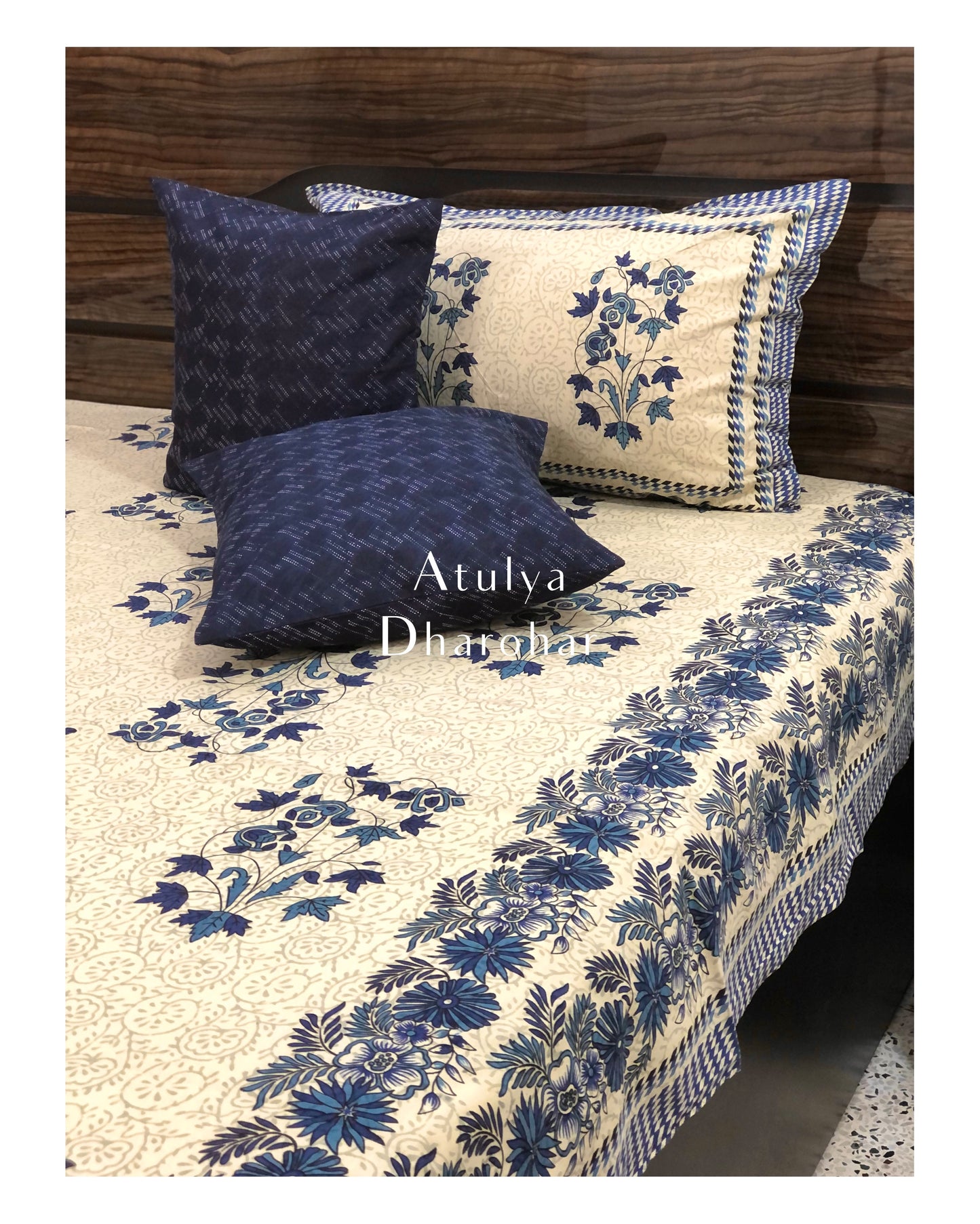 Blue Floral Motifs King Size Bedsheet