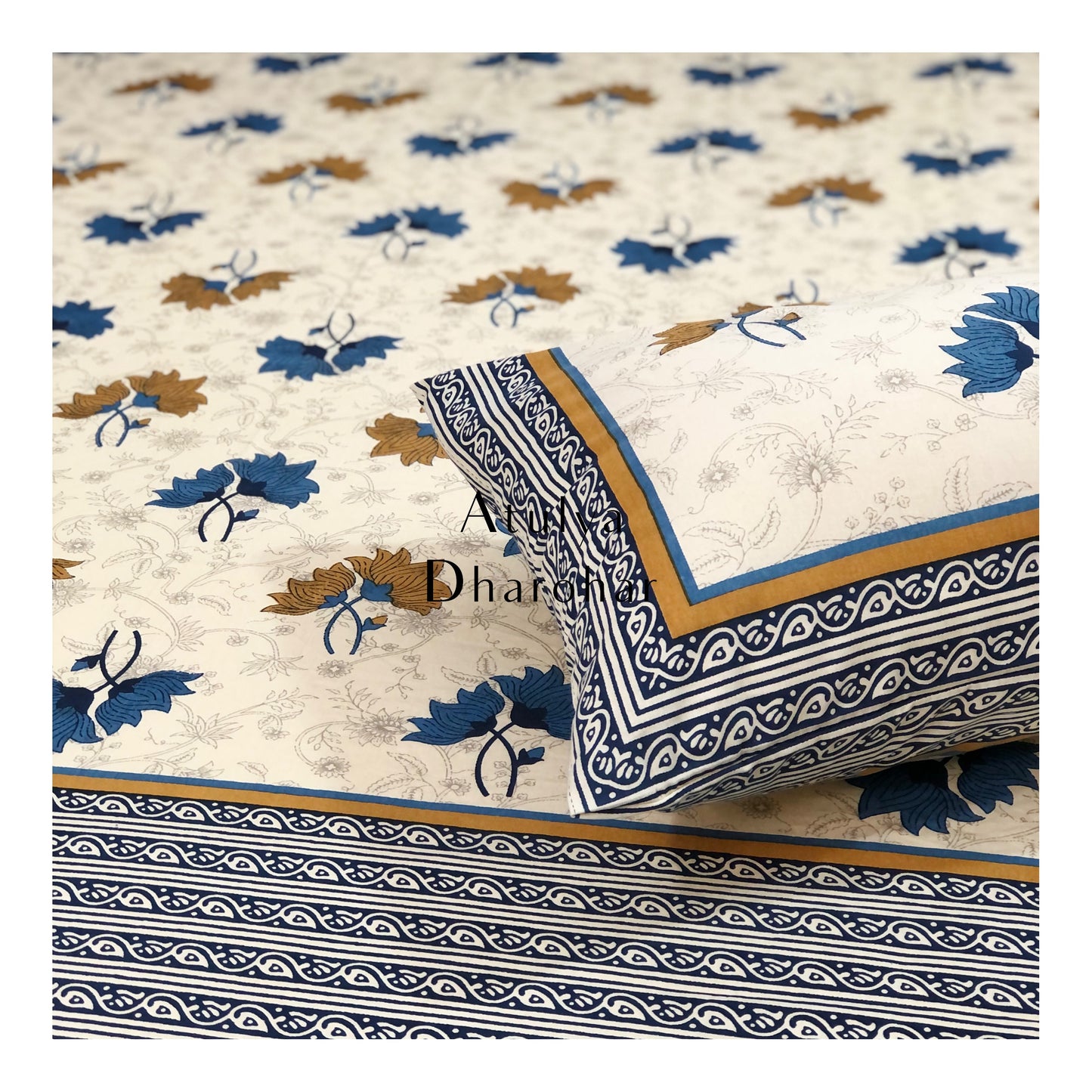 Blue and Brown Lotus Motifs King Bedsheet