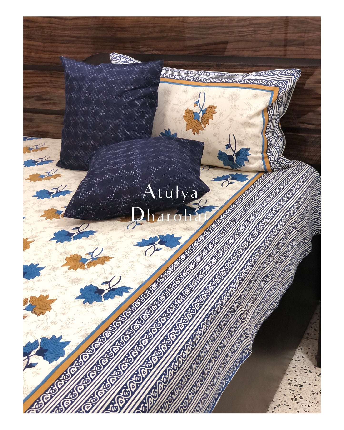 Blue and Brown Lotus Motifs King Bedsheet