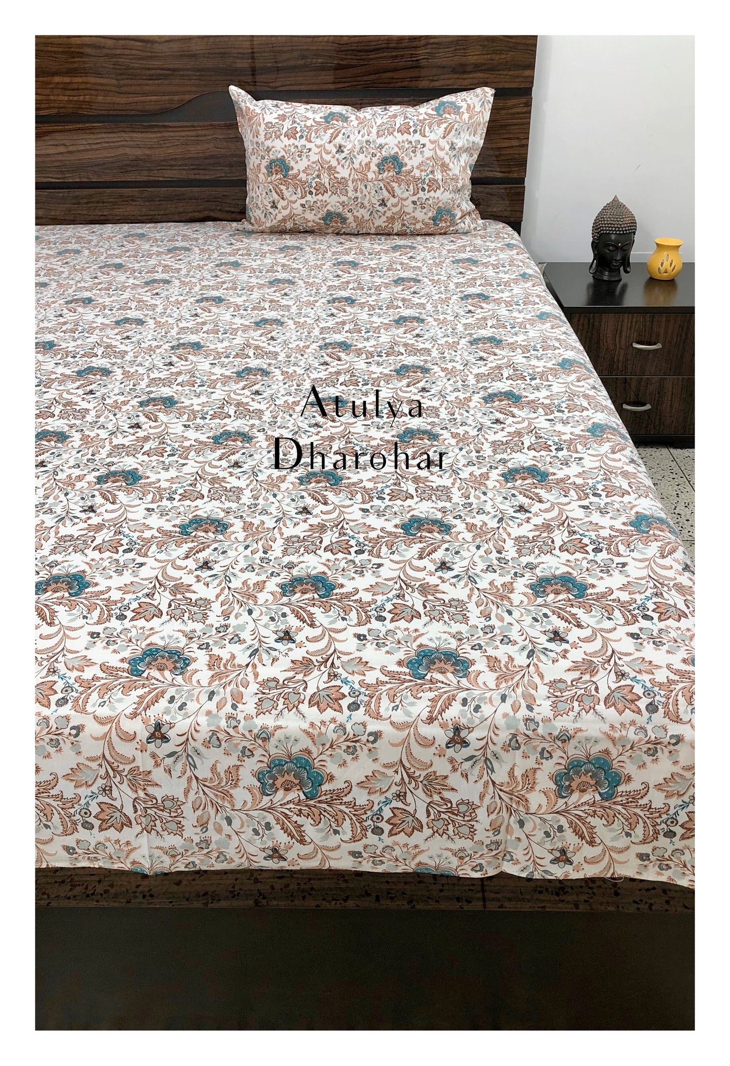 Teal Floral Jaal Single Bedsheet