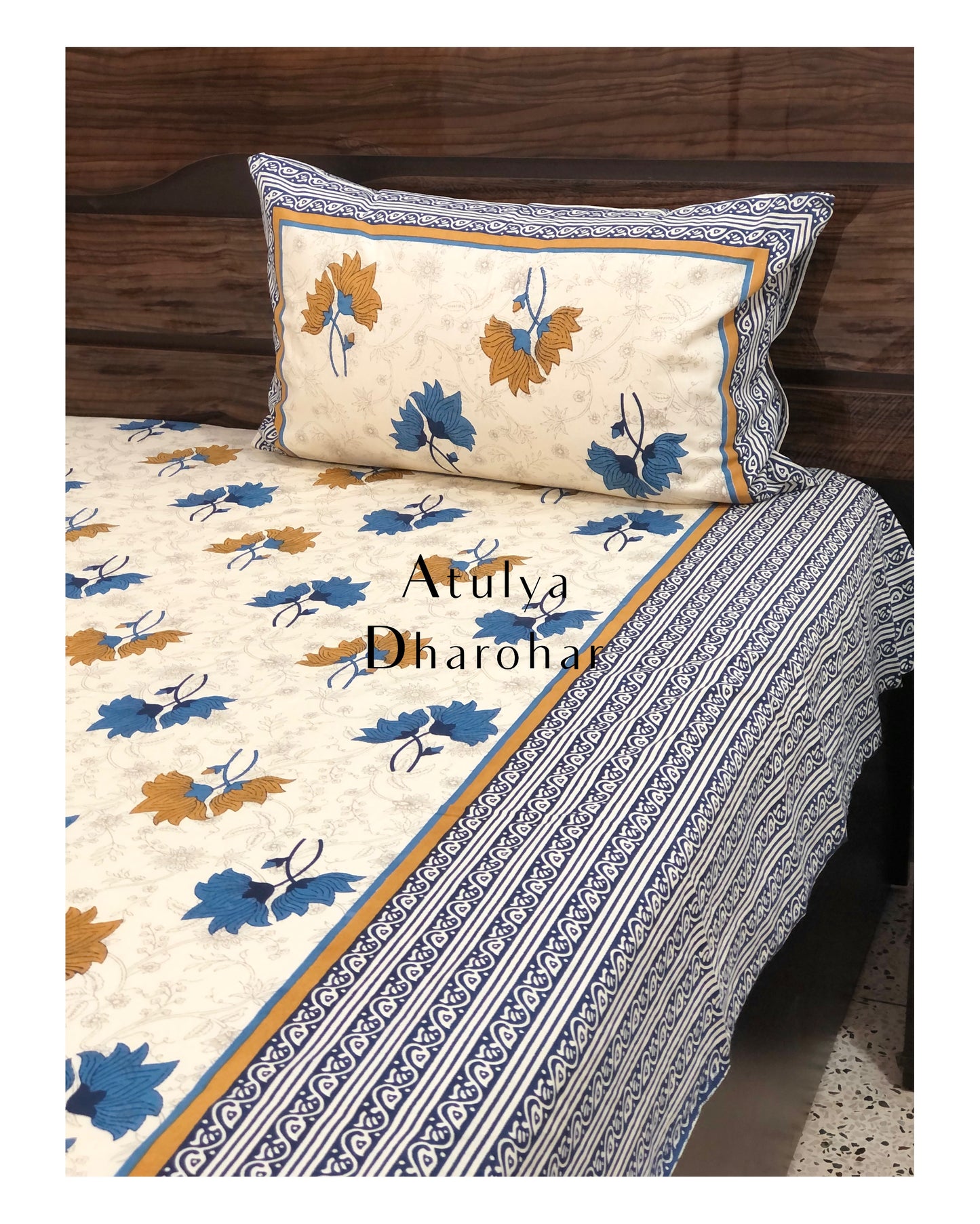 Blue and Brown Lotus Motifs King Bedsheet