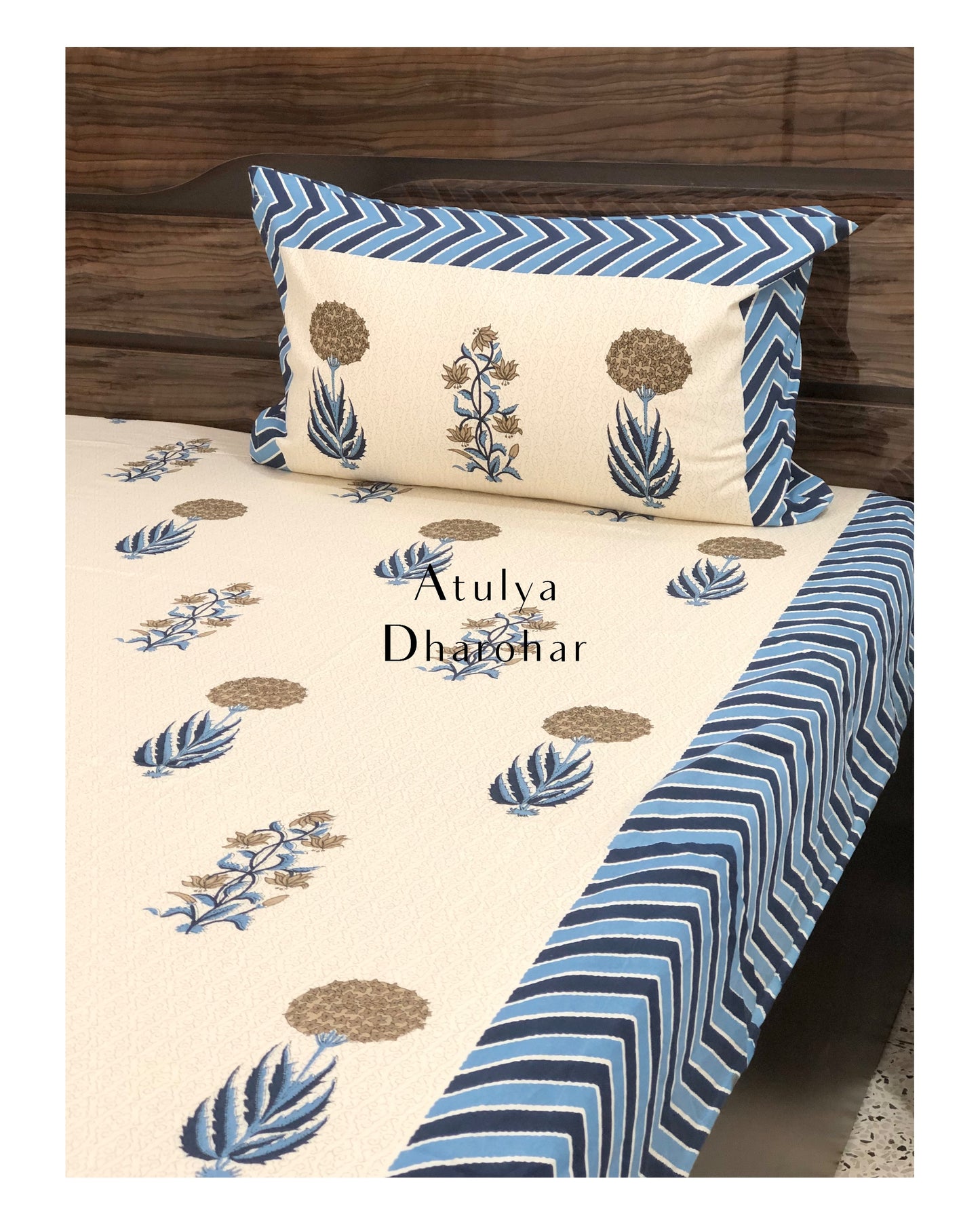 Blue and Brown Floral Motifs King Bedsheet