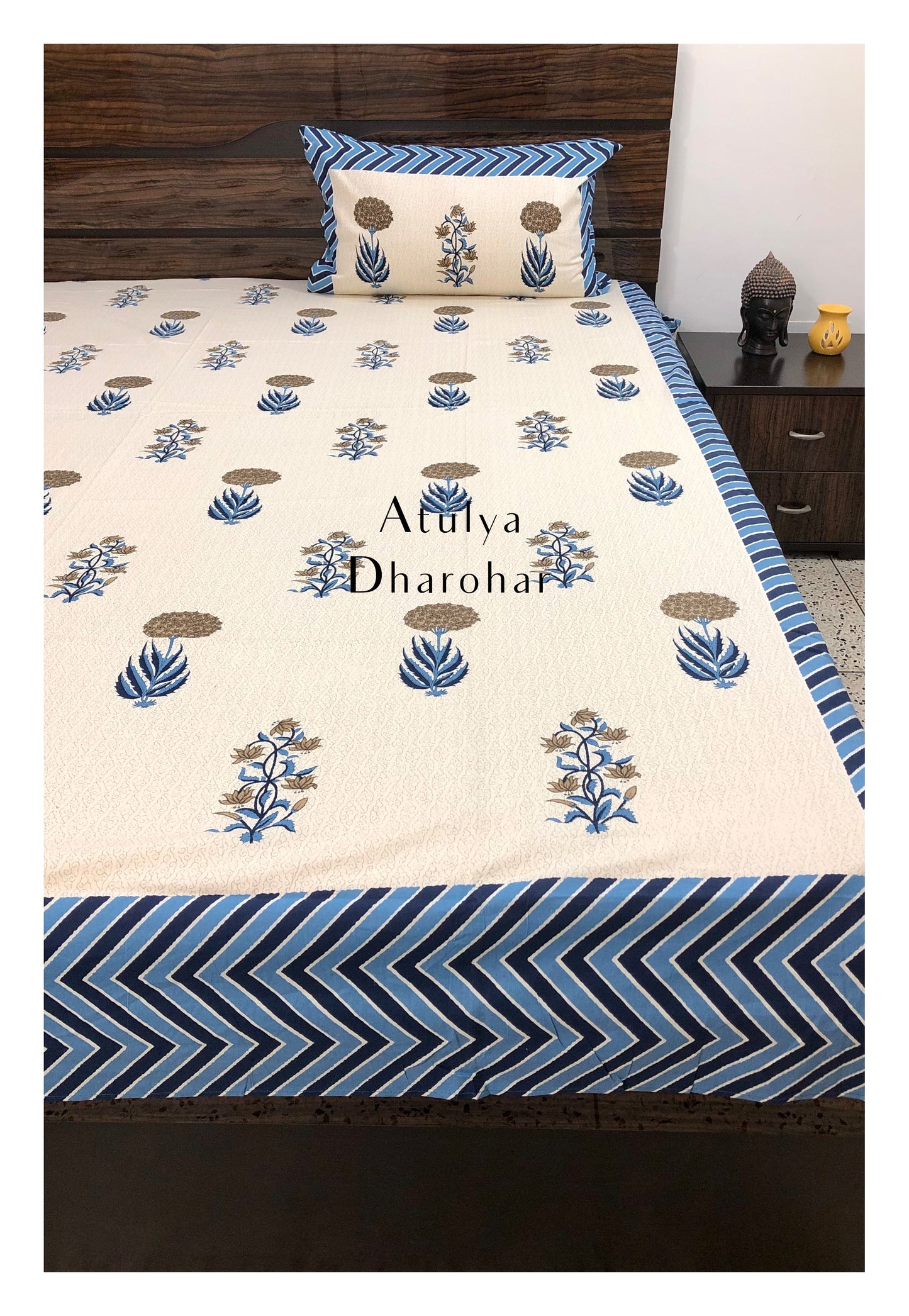 Blue and Brown Floral Motifs King Bedsheet