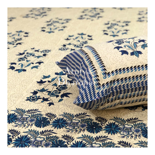 Blue Floral Motifs King Size Bedsheet