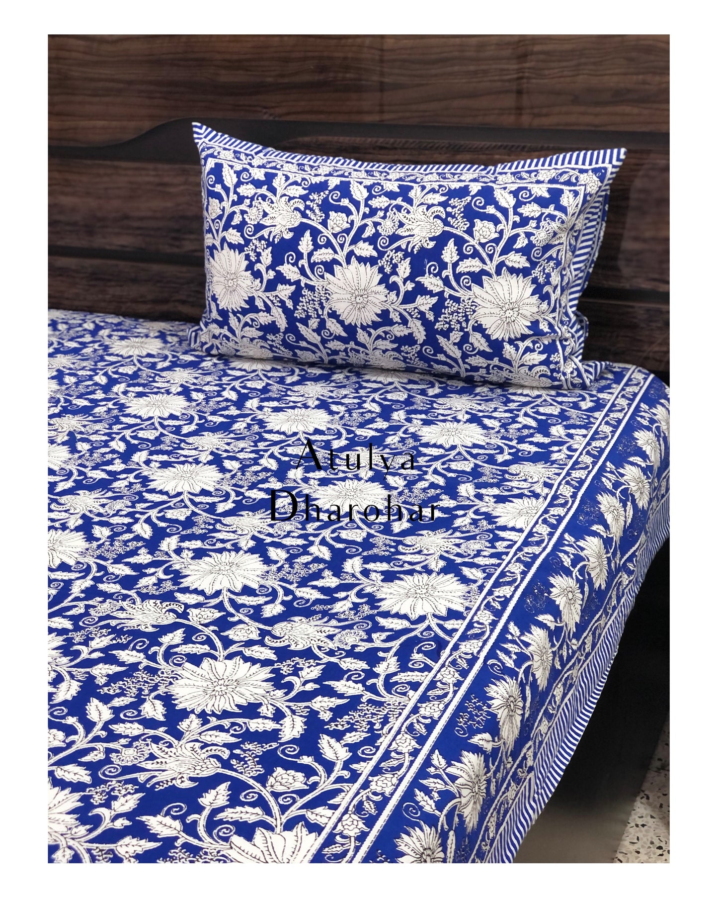 Blue Floral Jaal King Size Bedsheet