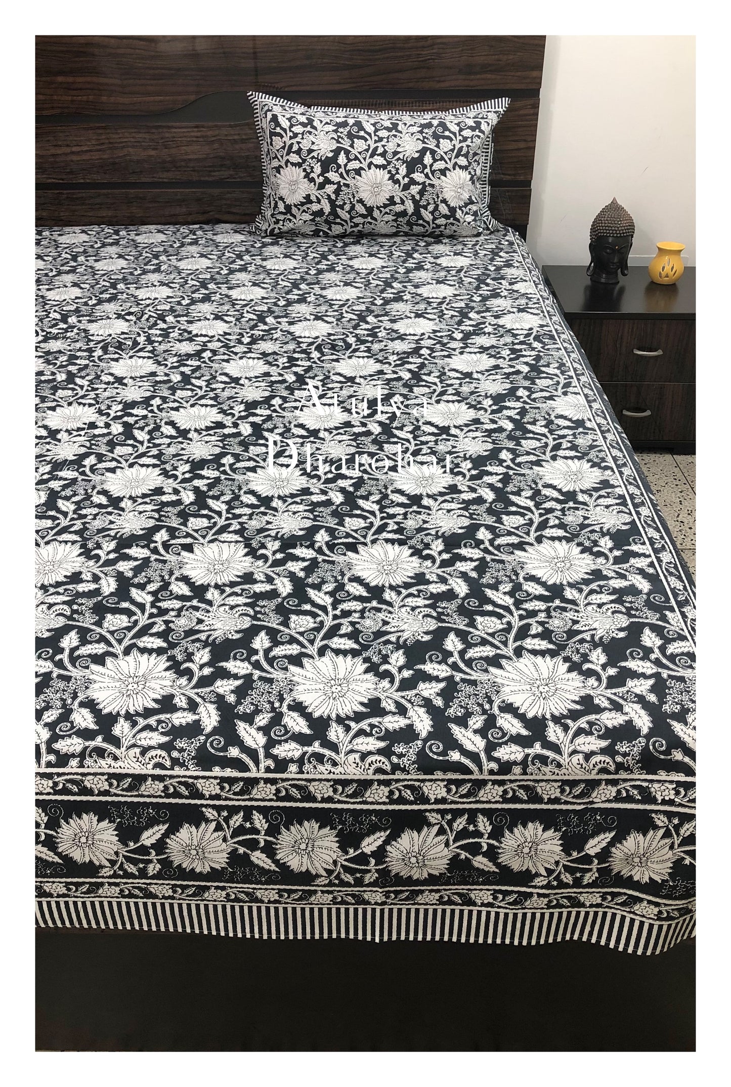 Charcoal Grey Floral Jaal King Size Bedsheet