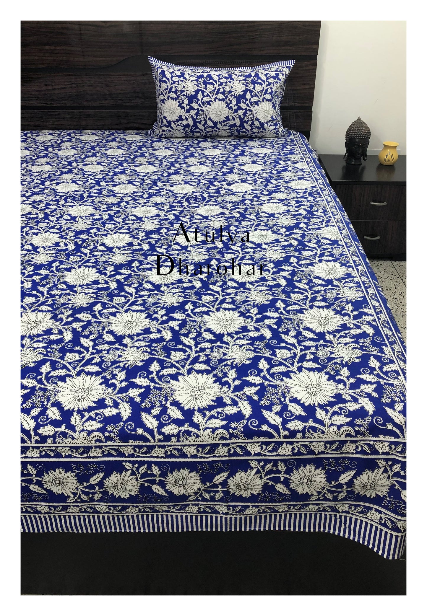 Blue Floral Jaal King Size Bedsheet