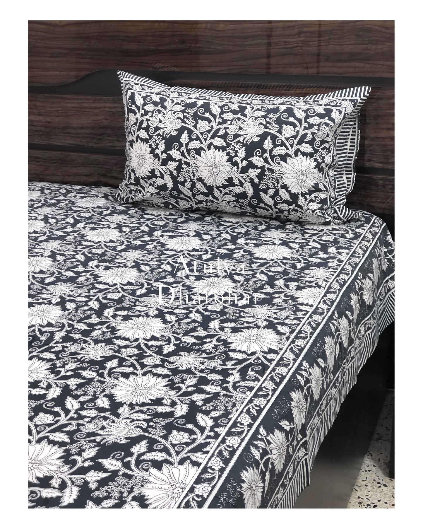 Charcoal Grey Floral Jaal King Size Bedsheet