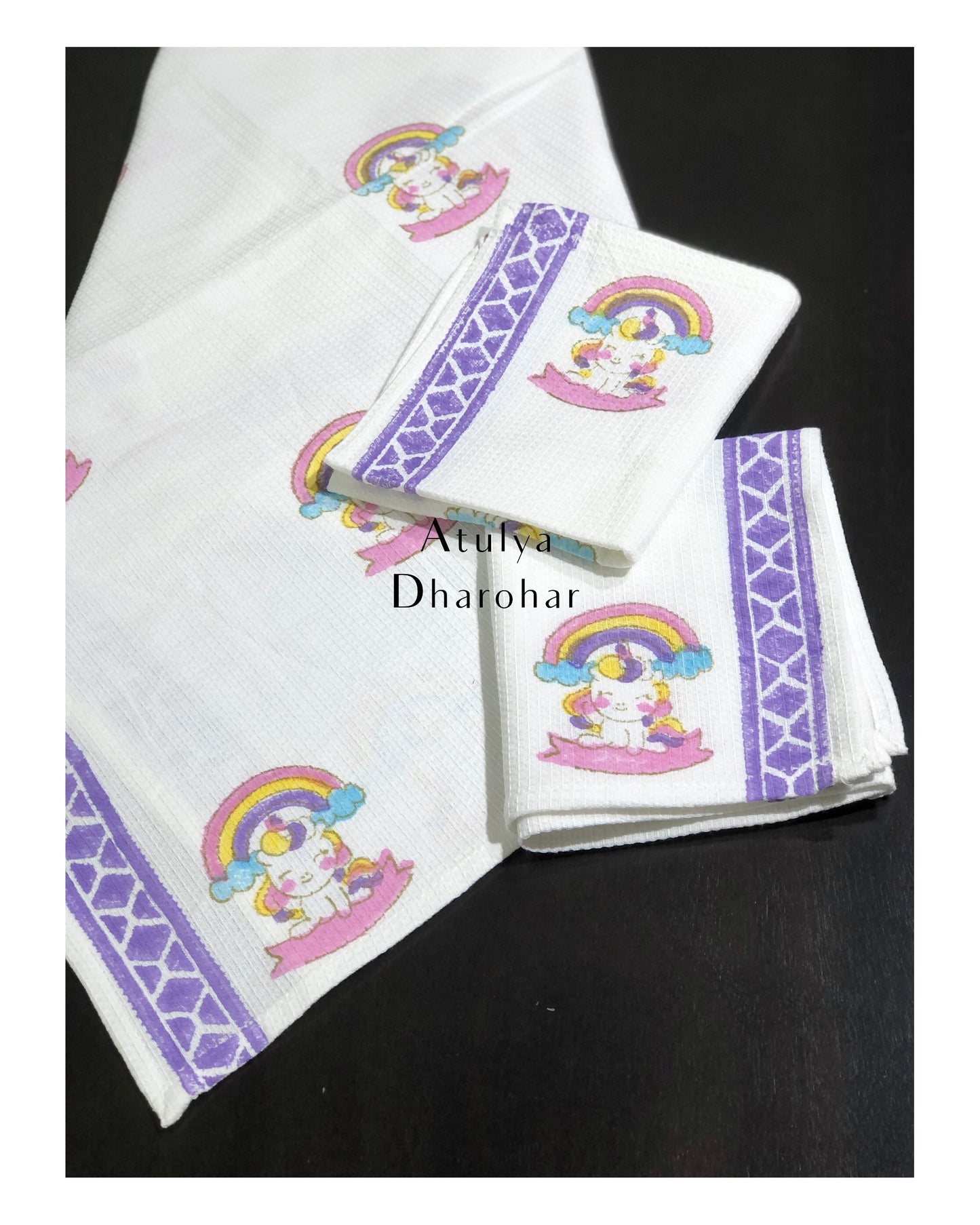 Unicorn Hand Block Printed Kids Towel Set