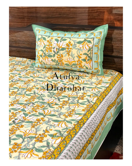 Yellow and Green Floral Jaal Bedsheet