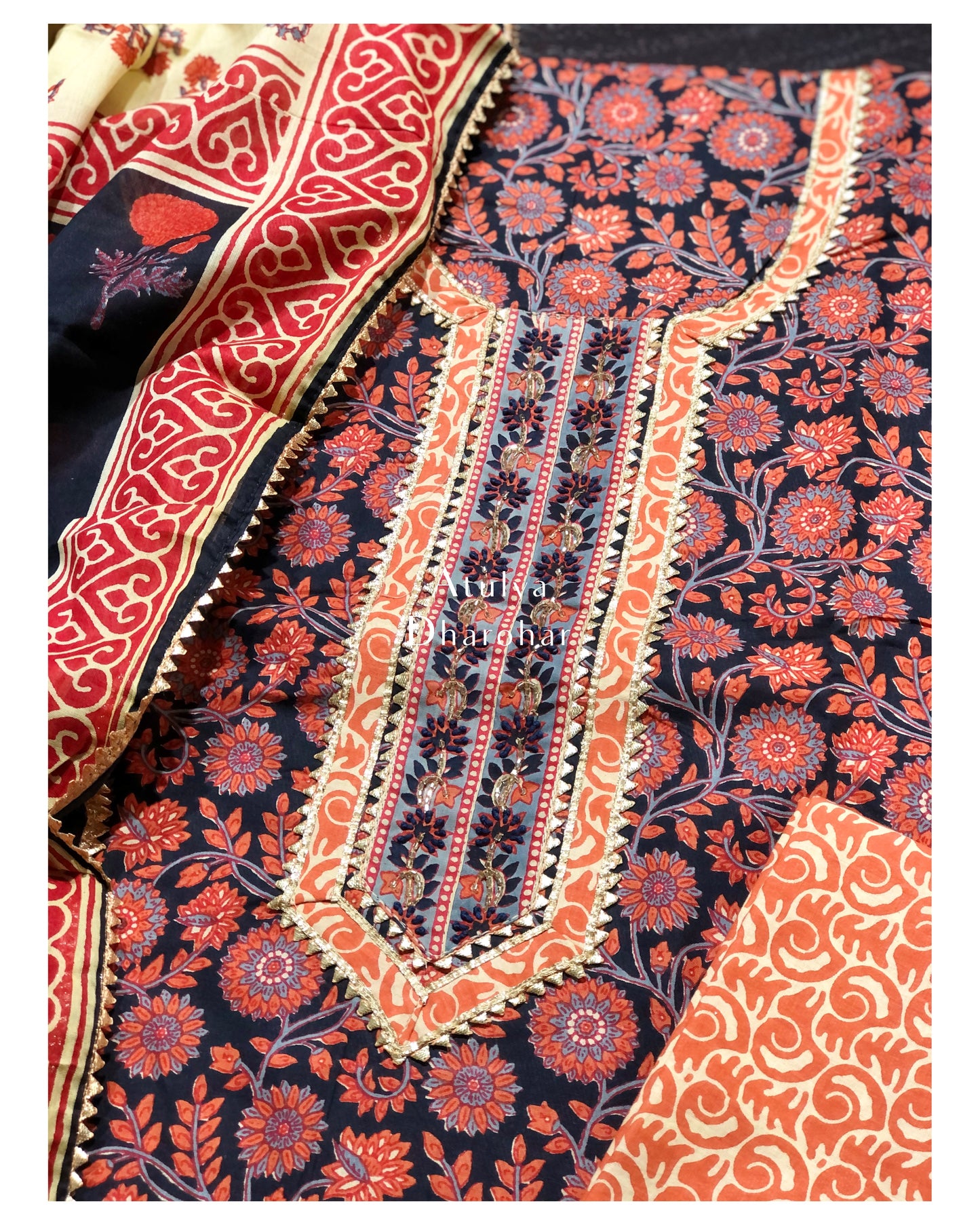 Black and Orange Gota Patti Suit Fabric with Cotton Dupatta