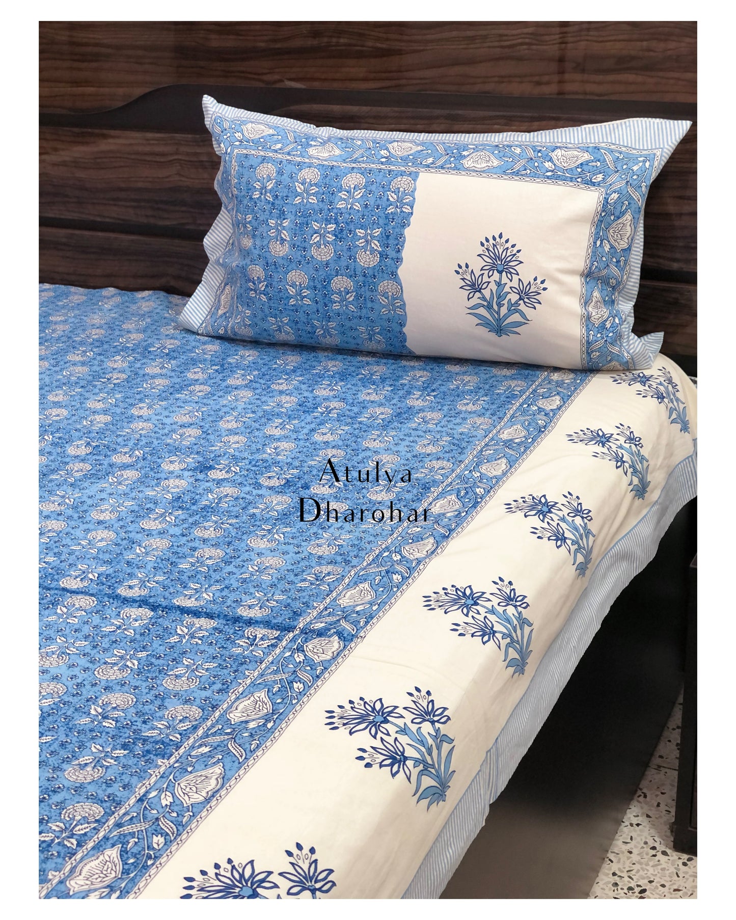 Blue Floral Jaal Cotton King Size Bedsheet