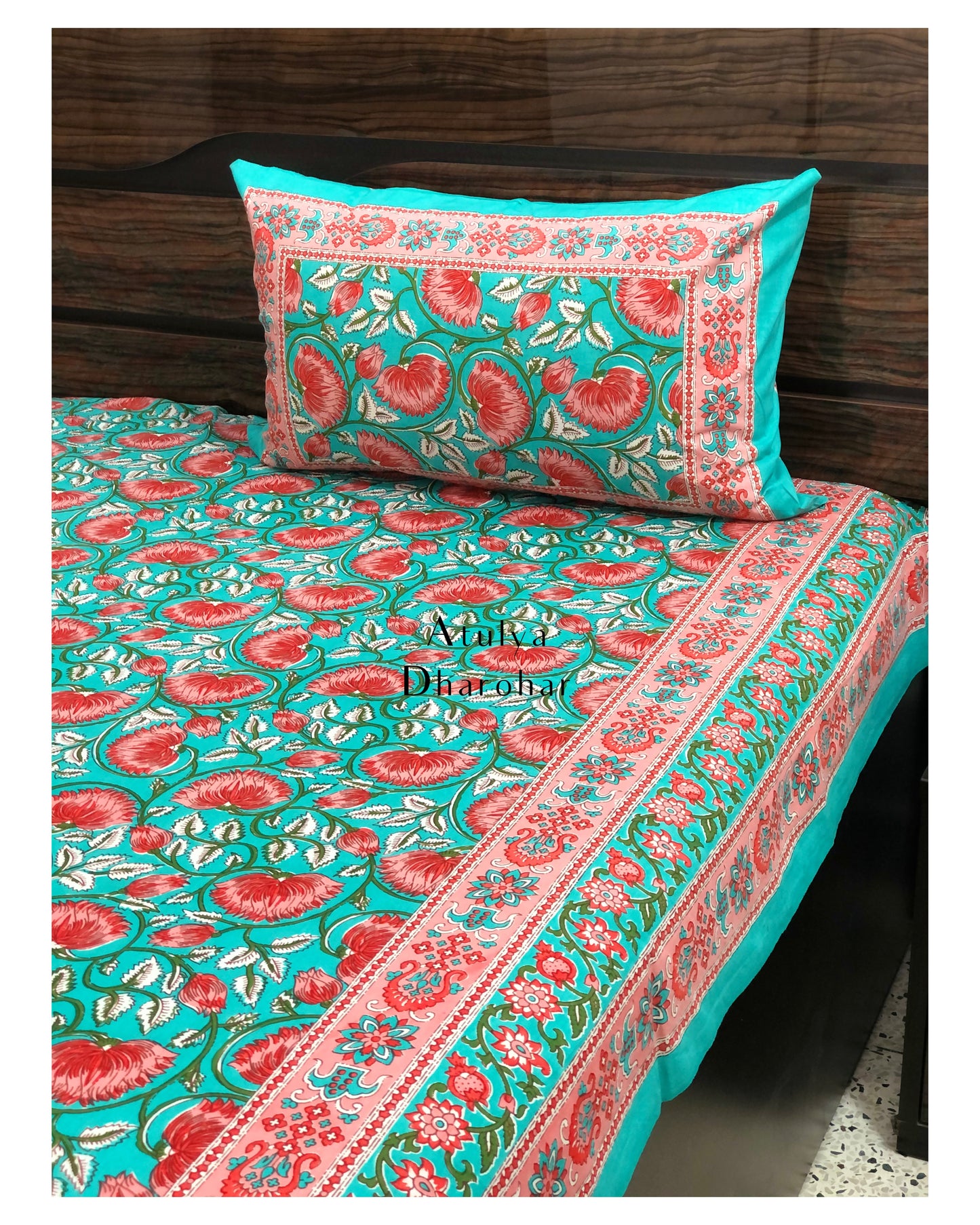 Teal and Pink Lotus Motifs Bedsheet