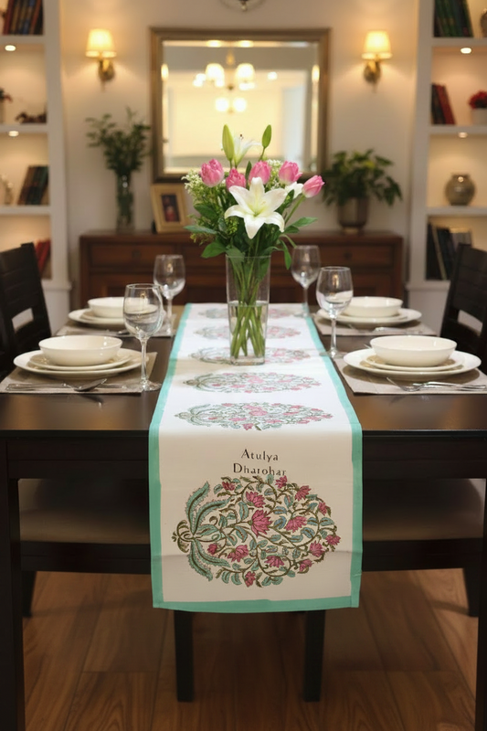 Floral Motifs Hand Block Printed Dining Table Runner