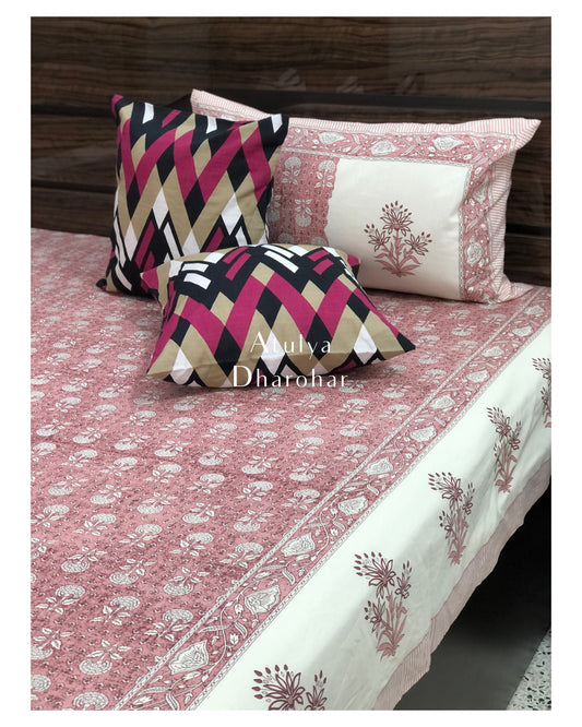 Pink Floral Motifs Cotton King Size Bedsheet