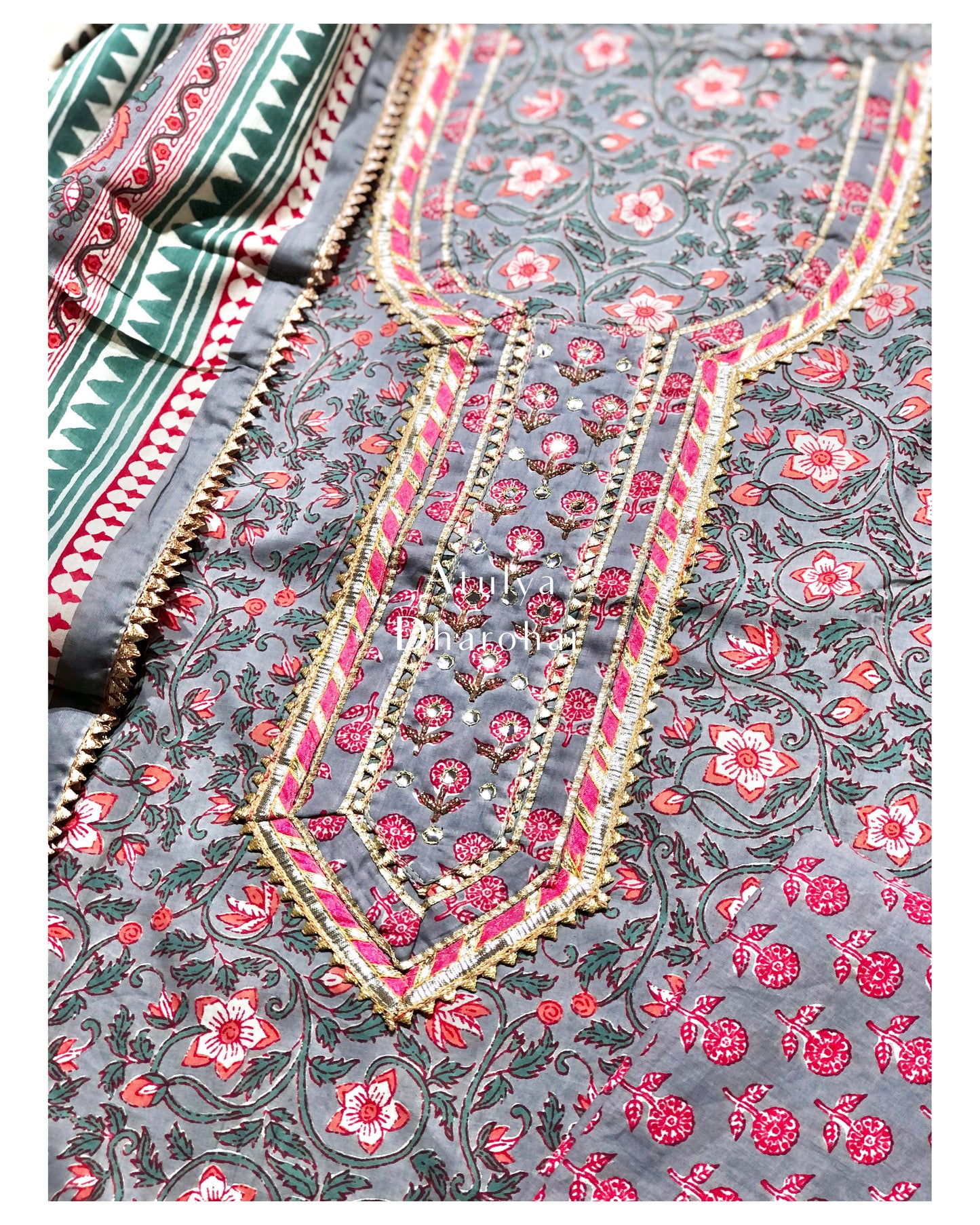 Grey and Pink Gota Patti Suit Fabric with Cotton Dupatta