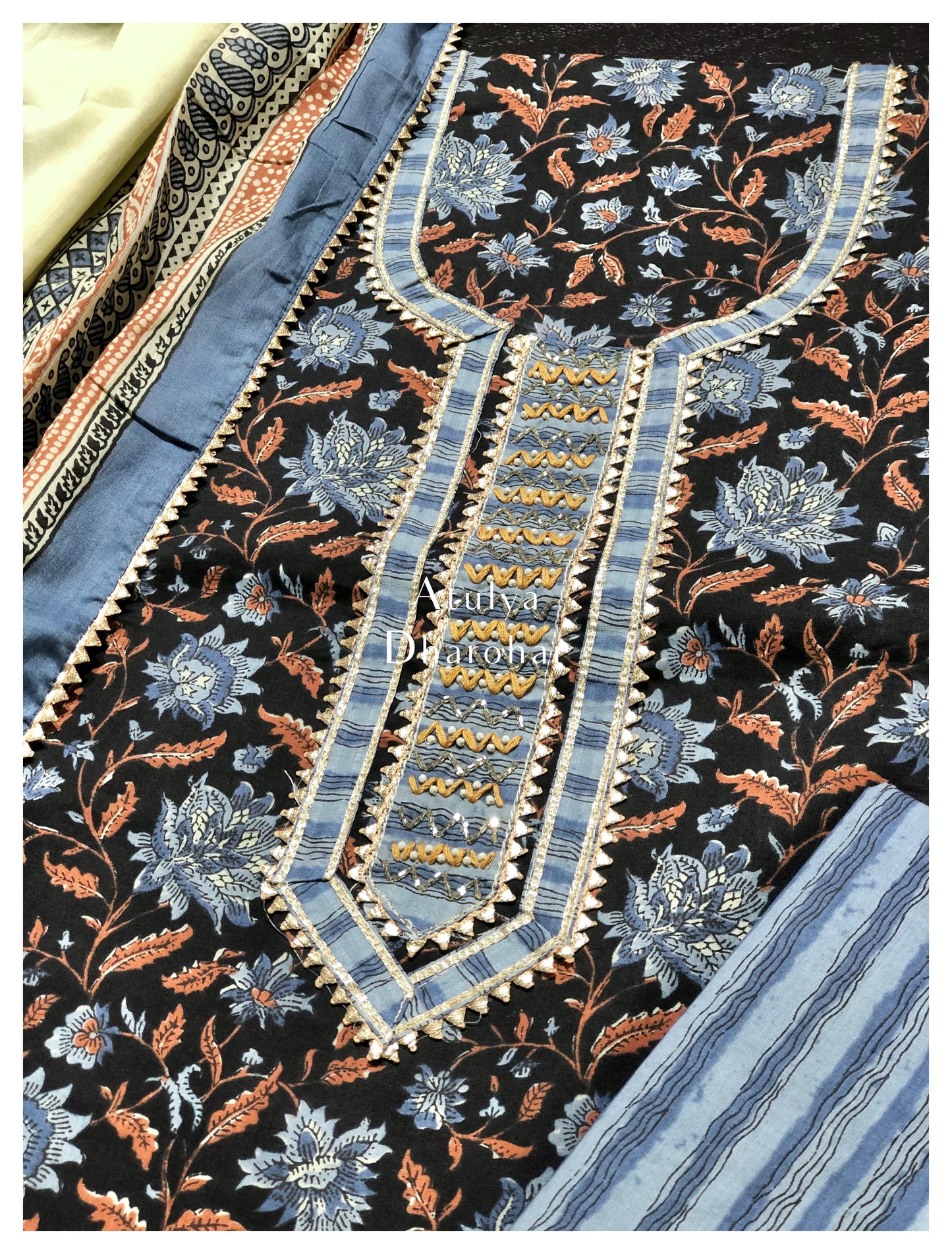 Black and Blue Gota Patti Suit Fabric with Cotton Dupatta