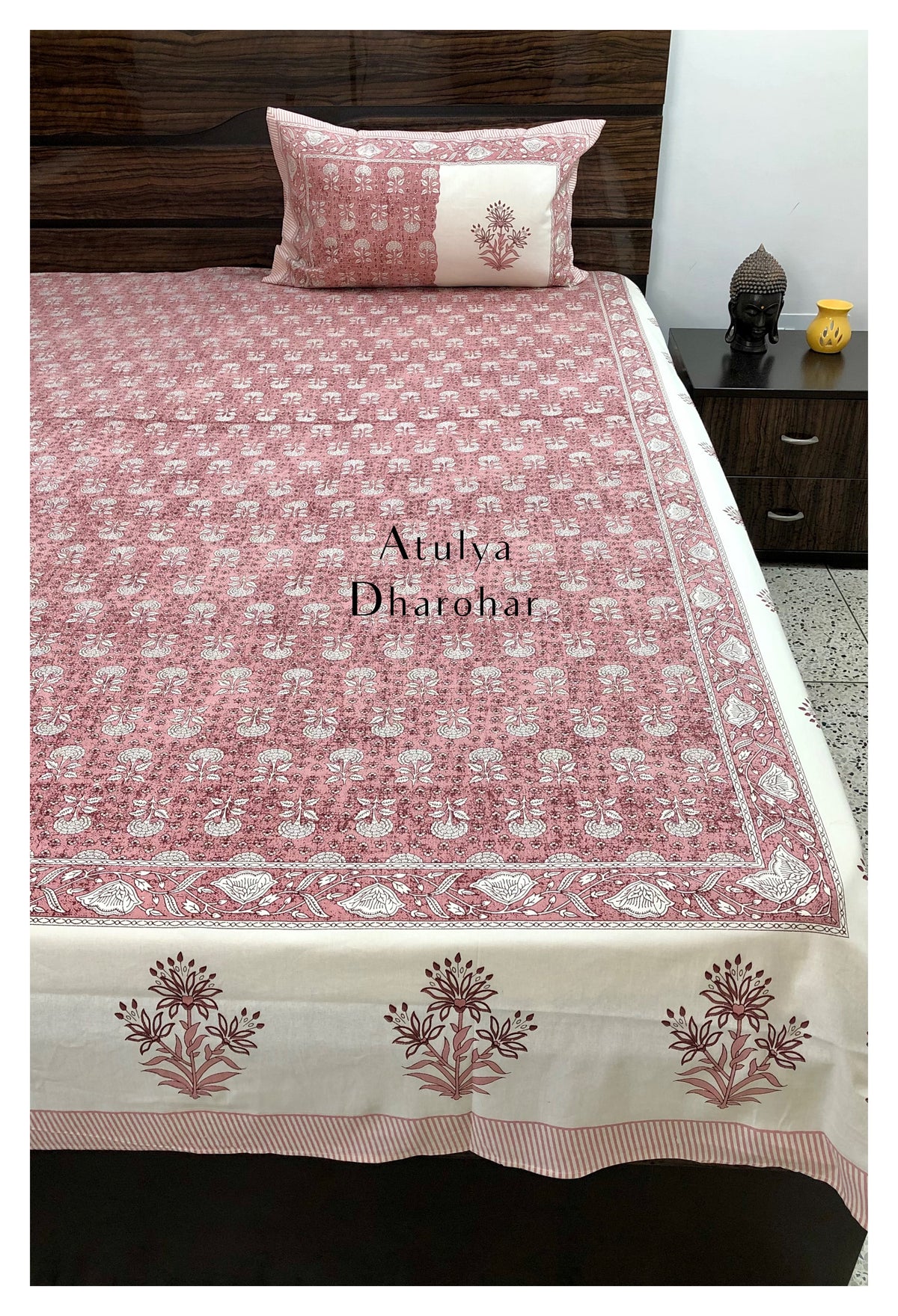 Pink Floral Motifs Cotton King Size Bedsheet