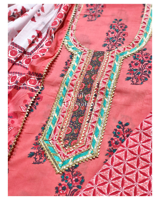 Peach Gota Patti Suit Fabric with Cotton Dupatta