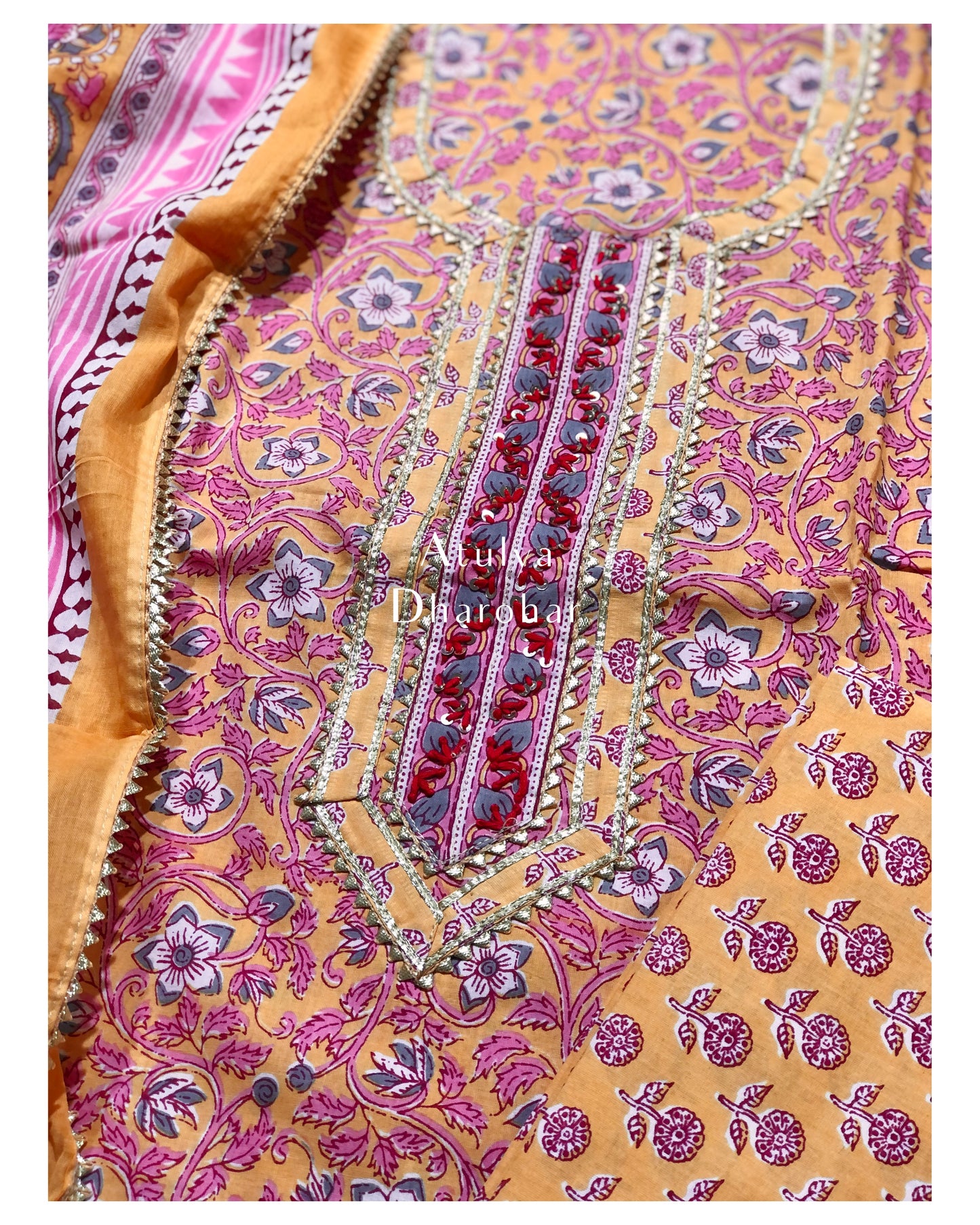 Yellow and Pink Gota Patti Suit Fabric with Cotton Dupatta