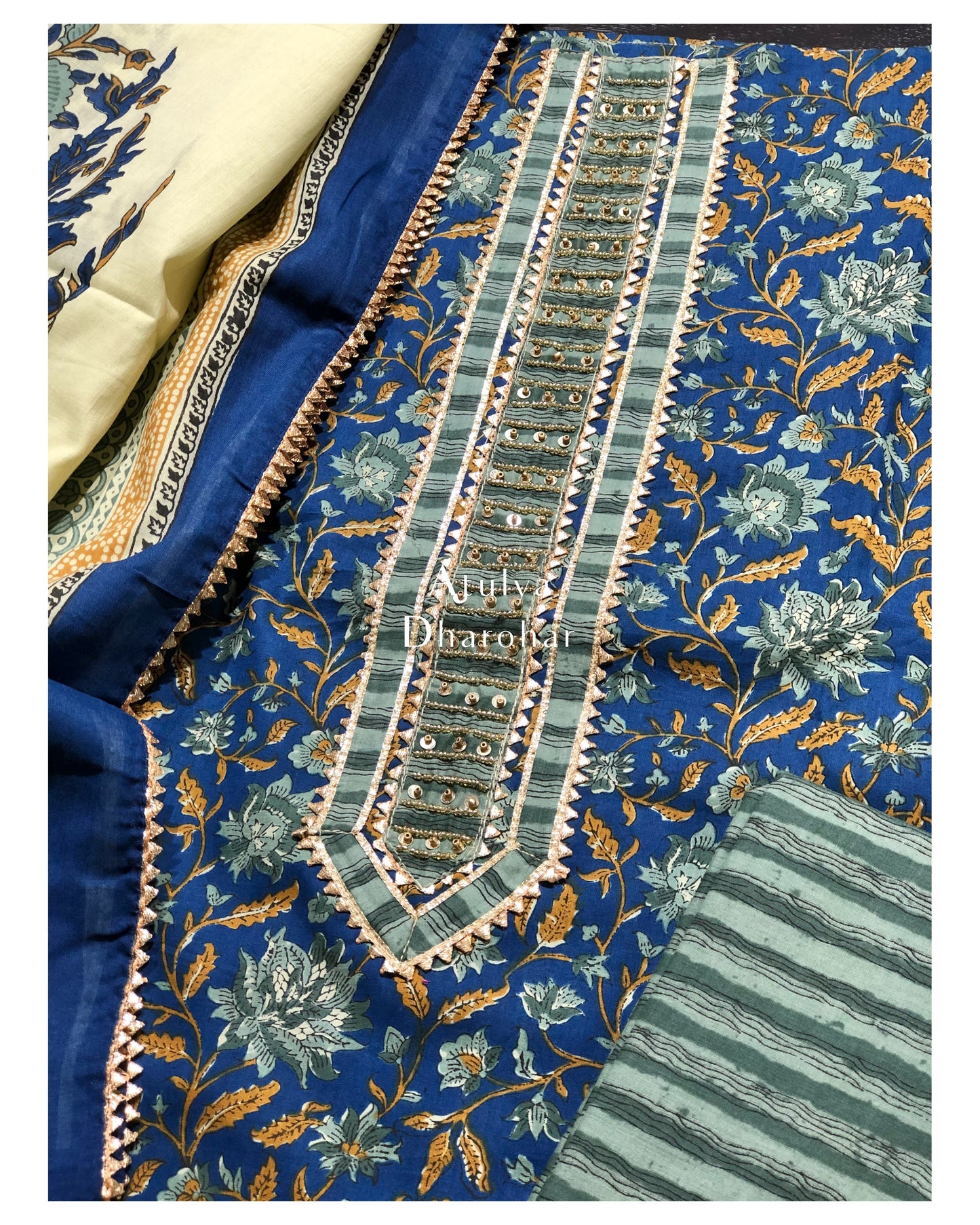 Blue Gota Patti Suit Fabric with Cotton Dupatta